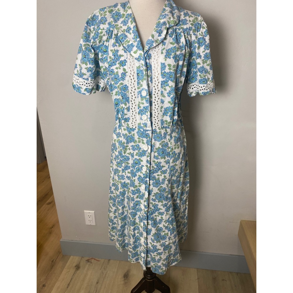 Vintage 1930s Floral Cotton House Dress Blue Green Eyelet Lace Button Front L/XL